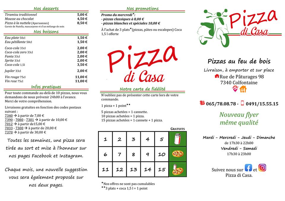 Menu at Pizza di Casa, Colfontaine