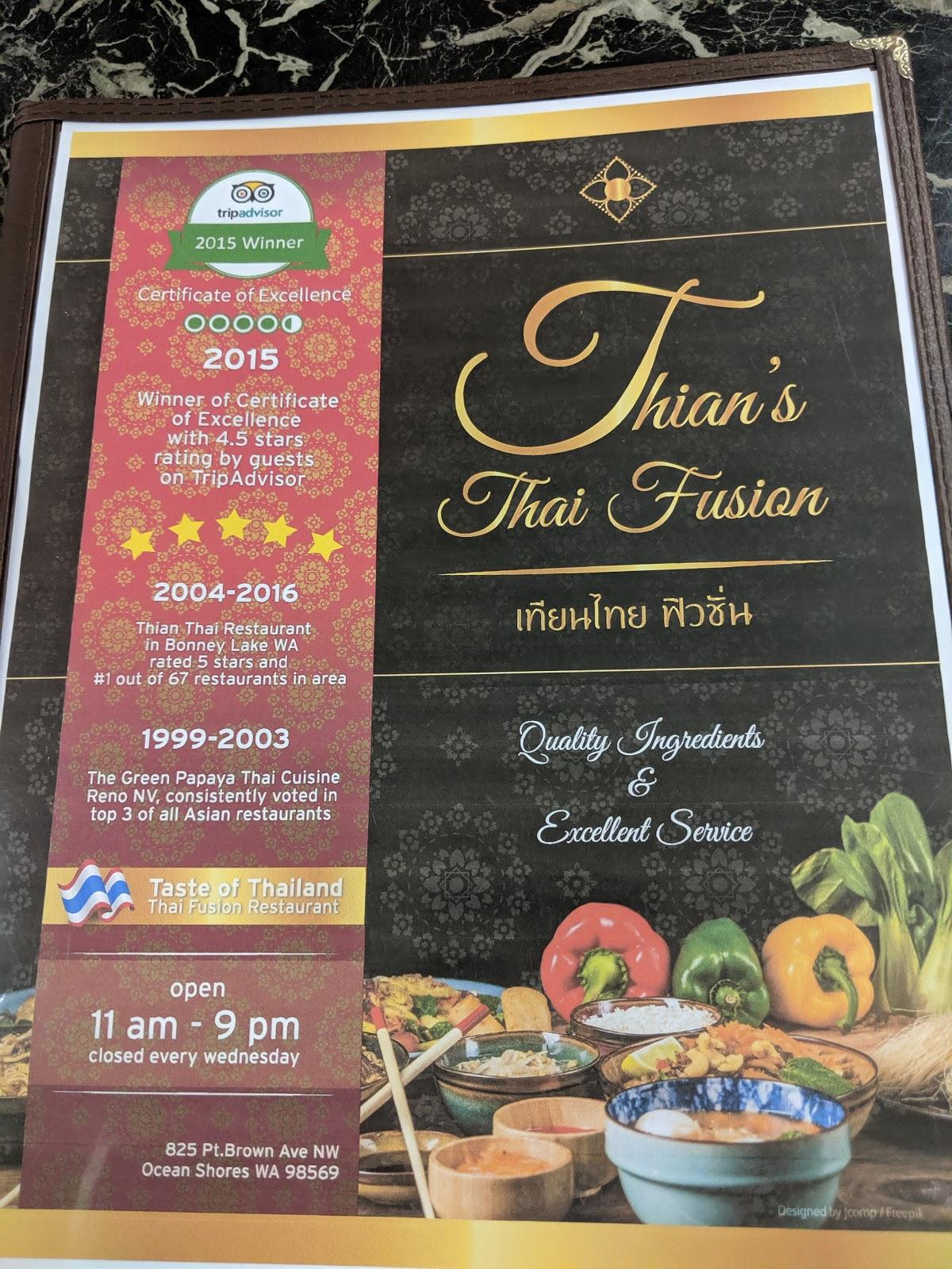 Menu at Thian's Thai Fusion restaurant, Ocean Shores