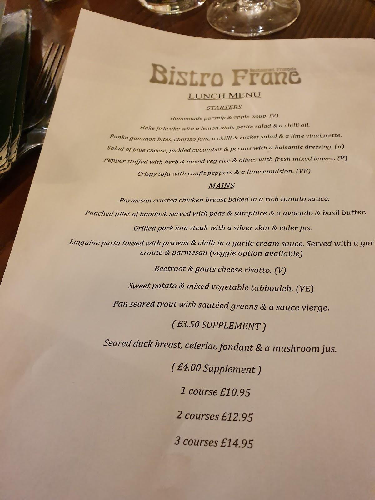 Menu at Bistro Franc restaurant, Liverpool