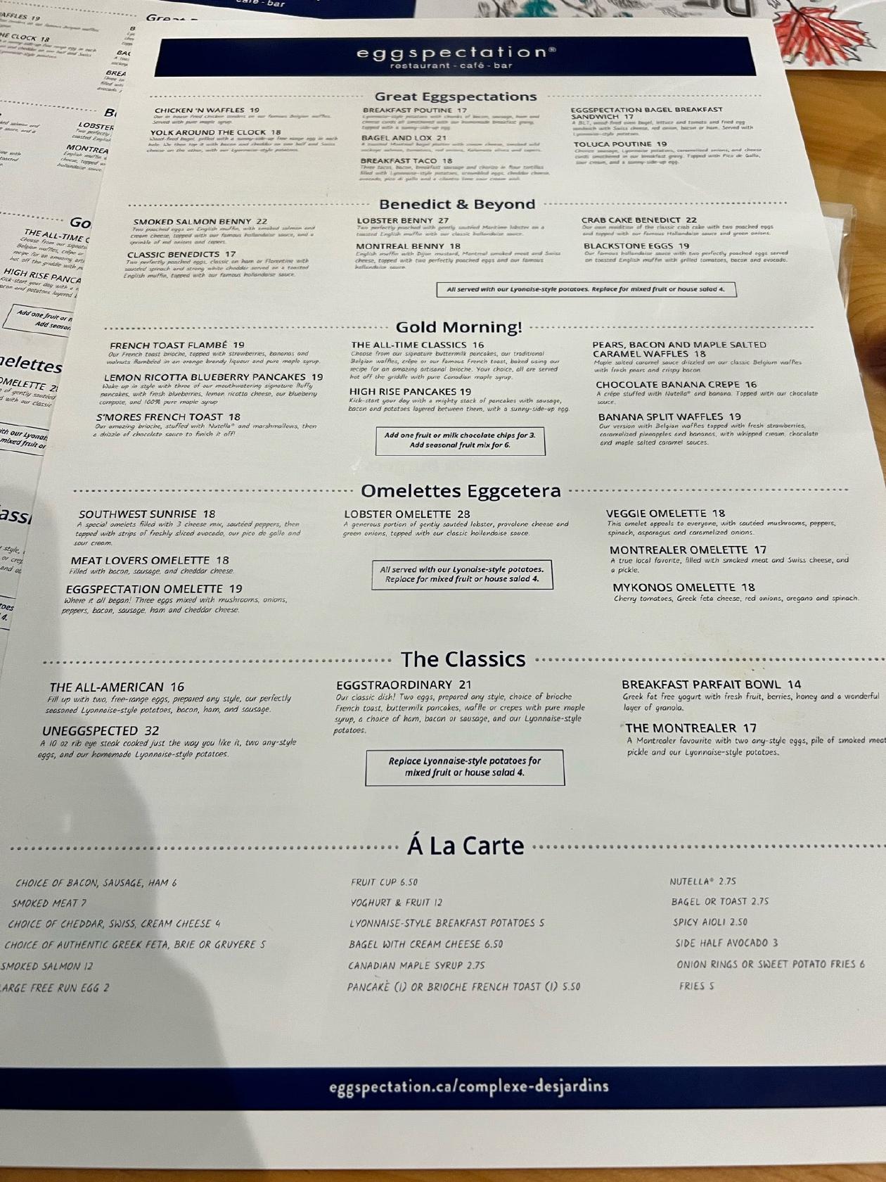 Menu au Eggspectation Complexe Desjardins restaurant, Montréal, 190 SaintCatherine St W