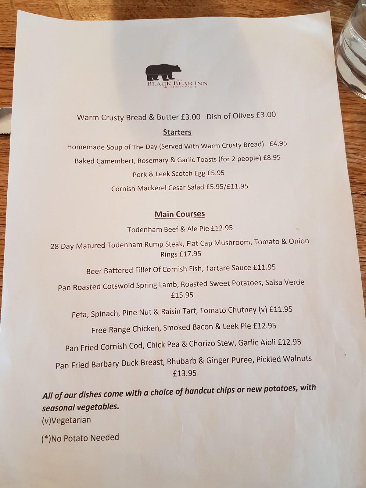 Menu at The Black Bear Inn pub & bar, Moreton-in-Marsh