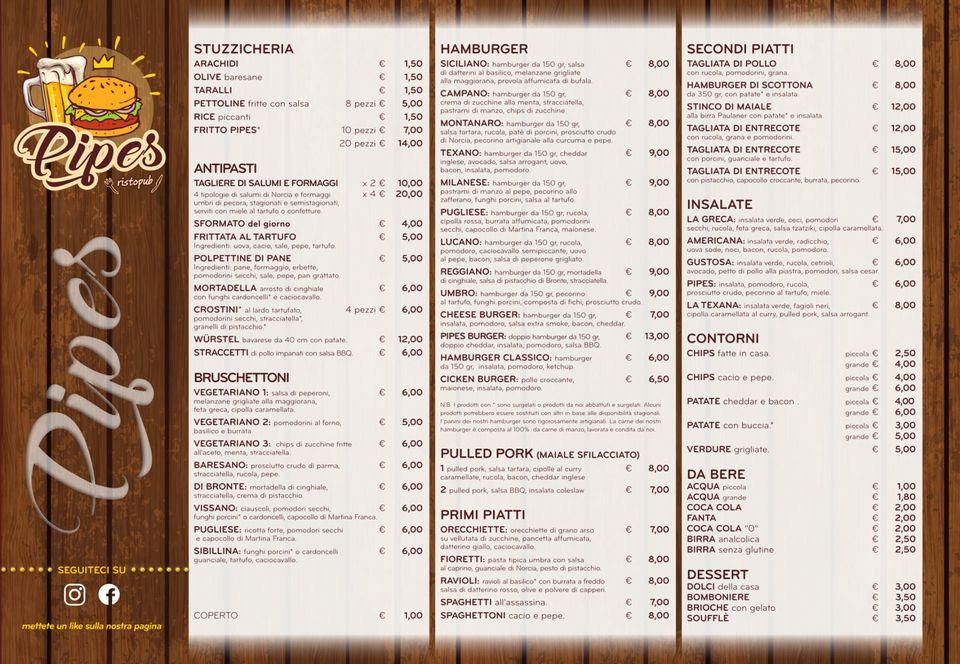 Menu at Pipes pub & bar, Triggiano