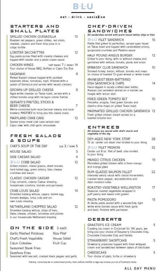 Menu at Blu Restaurant & Bar, Blue Ash