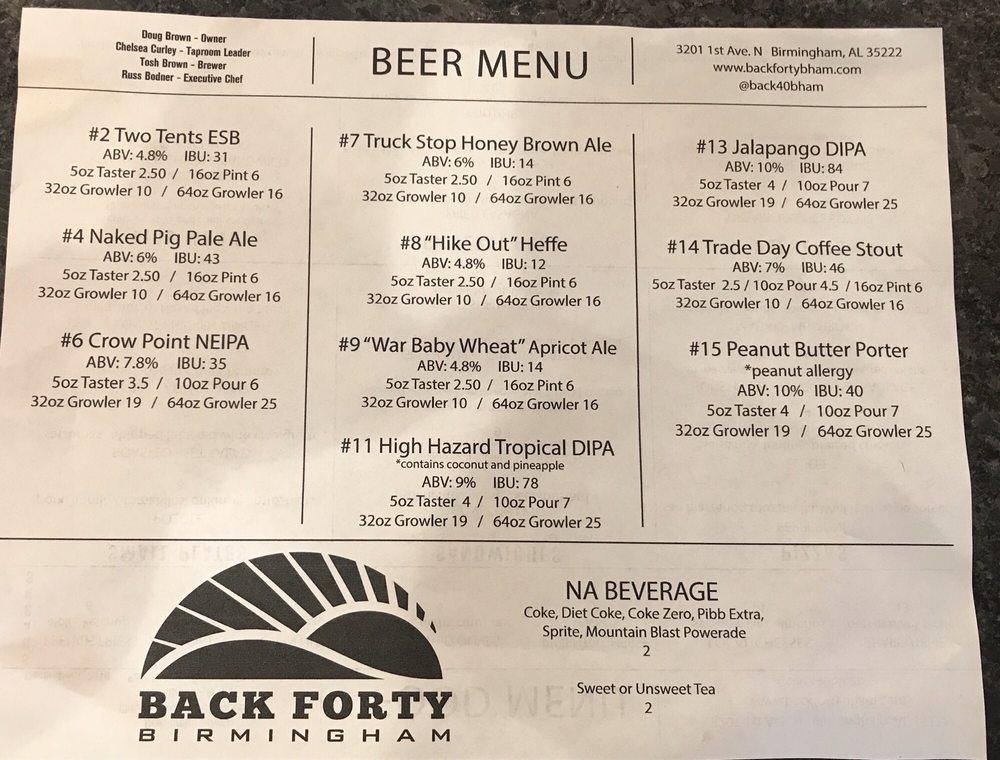 Menu At Back Forty Beer Company Birmingham Birmingham