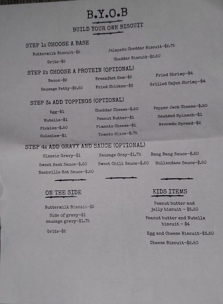 Menu at Bubba's Biscuit Lexington restaurant, Lexington