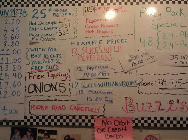 Menu at Buzzi’s Pizza pizzeria, Rochester