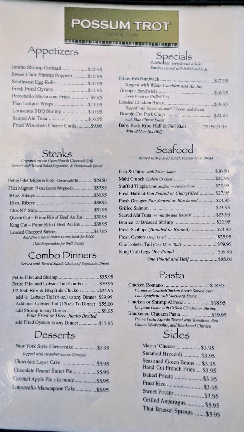 Menu at Possum Trot steakhouse, USA