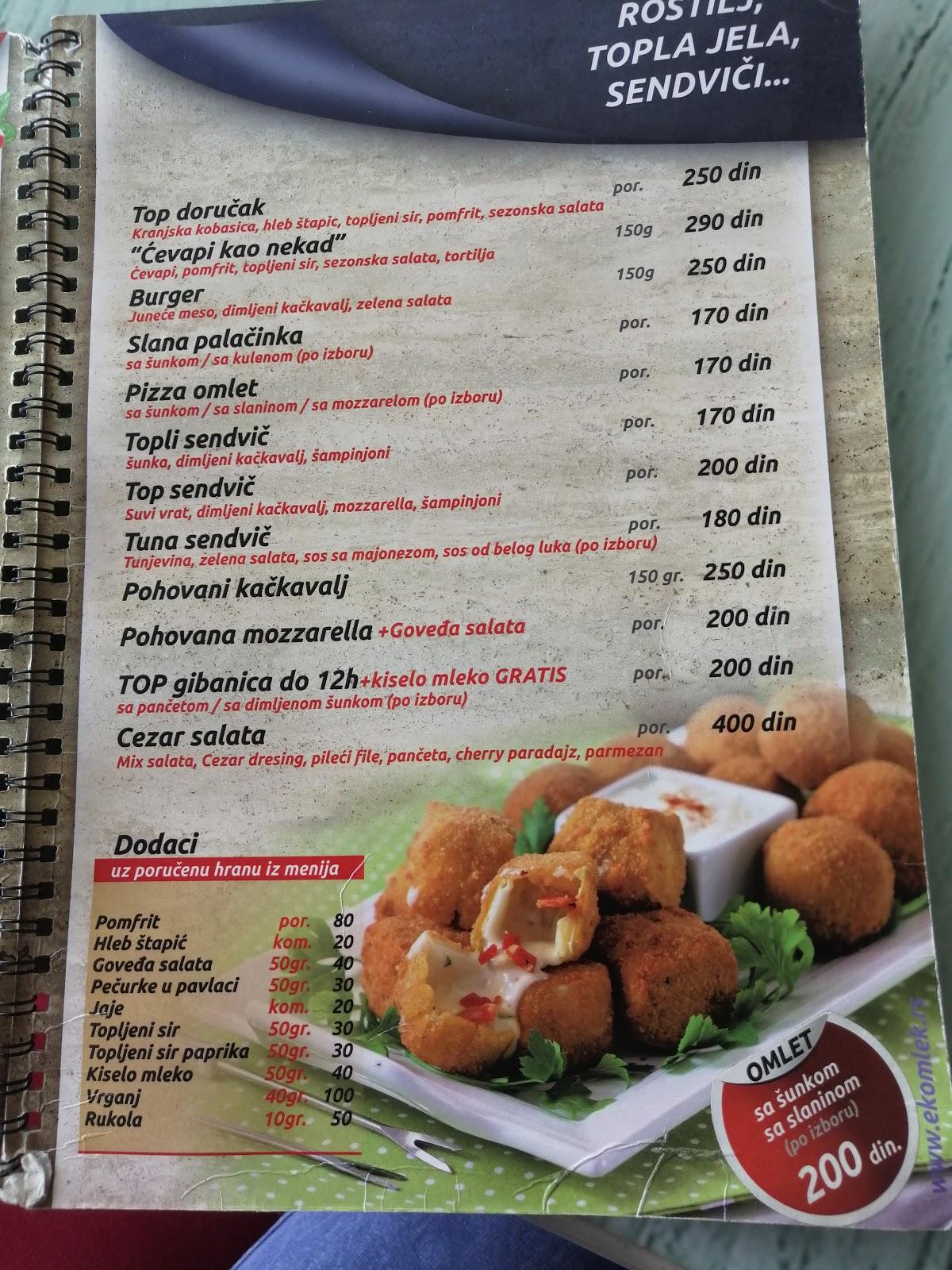 Menu at Pizza Top restaurant, Kruševac