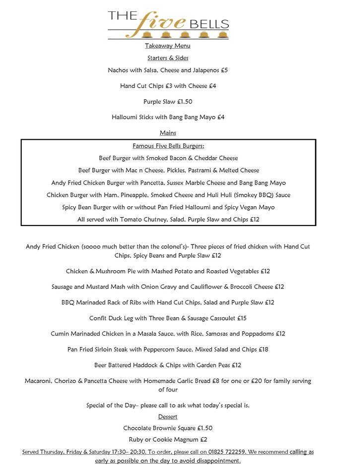 Menu at The Five Bells pub & bar, Chailey