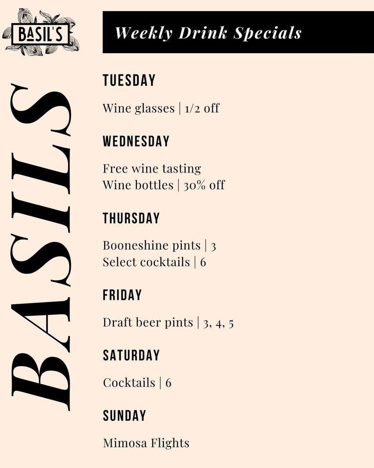 Menu at Basil's restaurant, Boone
