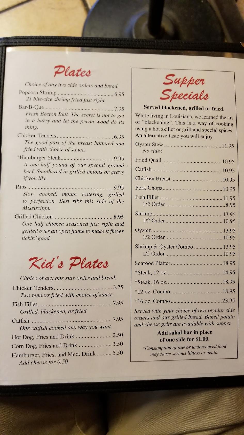 Menu at Peck's Place restaurant, Ocilla