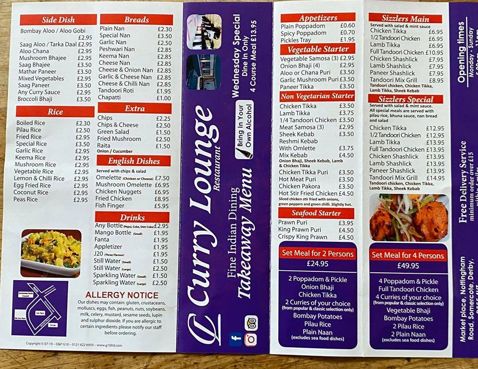 Menu at Curry Lounge restaurant, Alfreton
