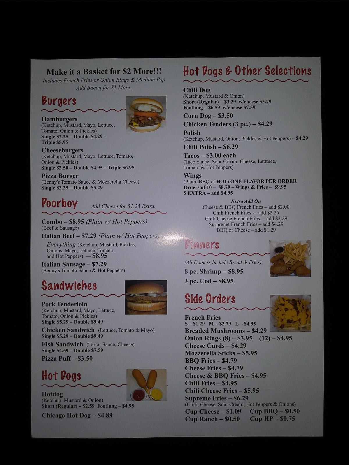 Menu at Benny's Dariette restaurant, Rockford