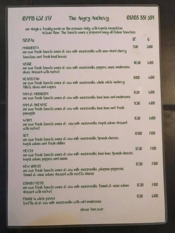 Menu at The Angry Anchovy pizzeria, Port Isaac