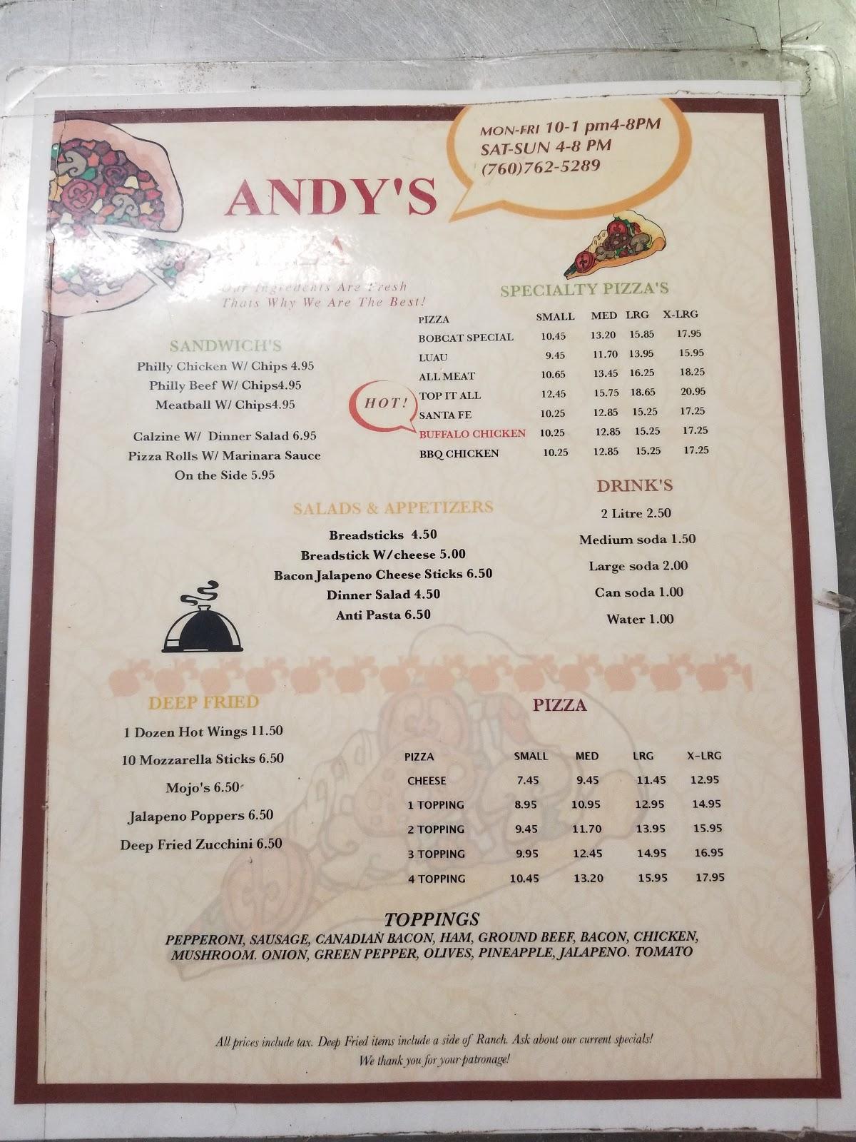Menu at Andy's Pizza restaurant, Boron