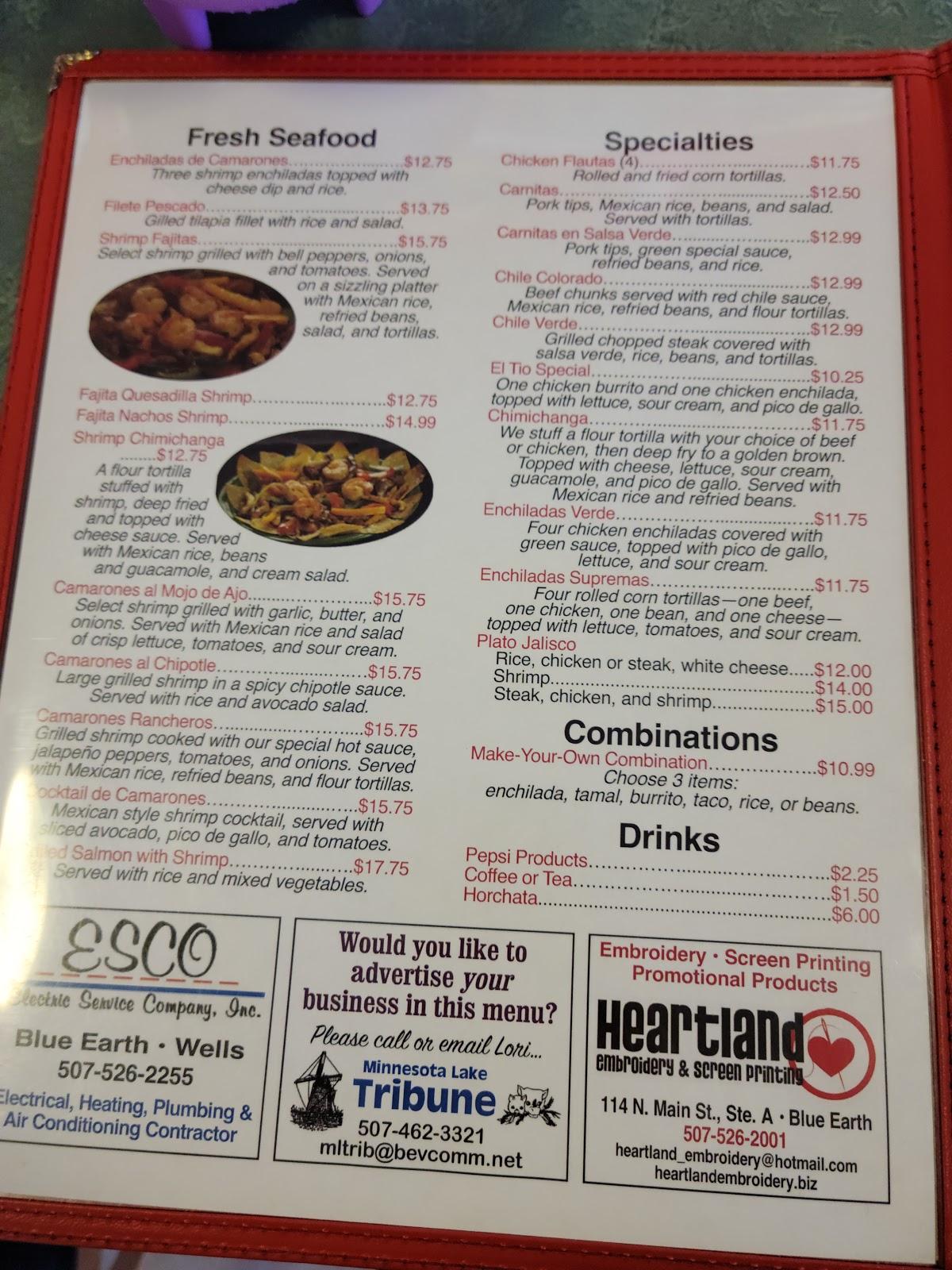 Carta de El Tio Restaurant, Blue Earth