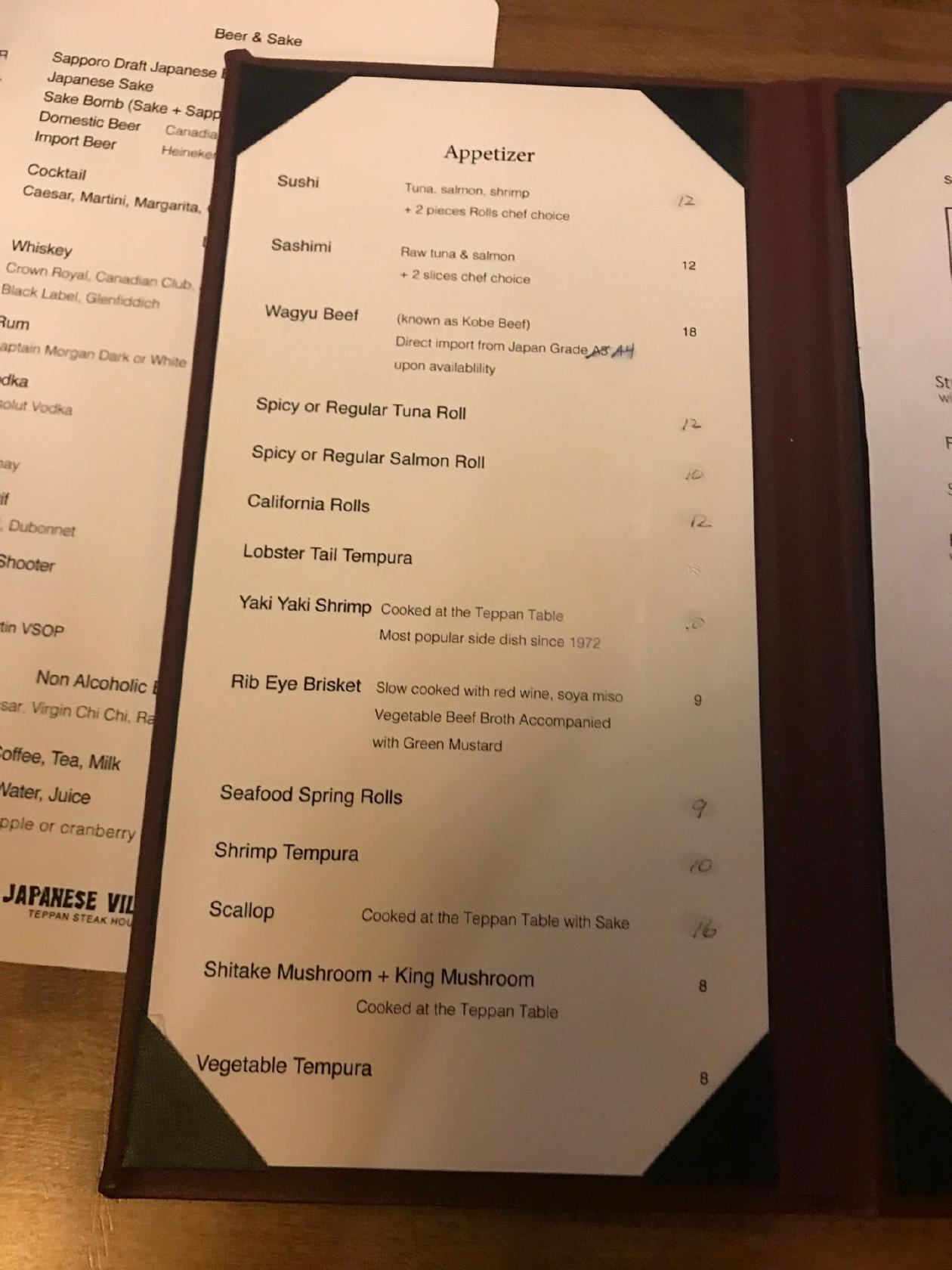 Carta del restaurante Japanese Village, Ottawa