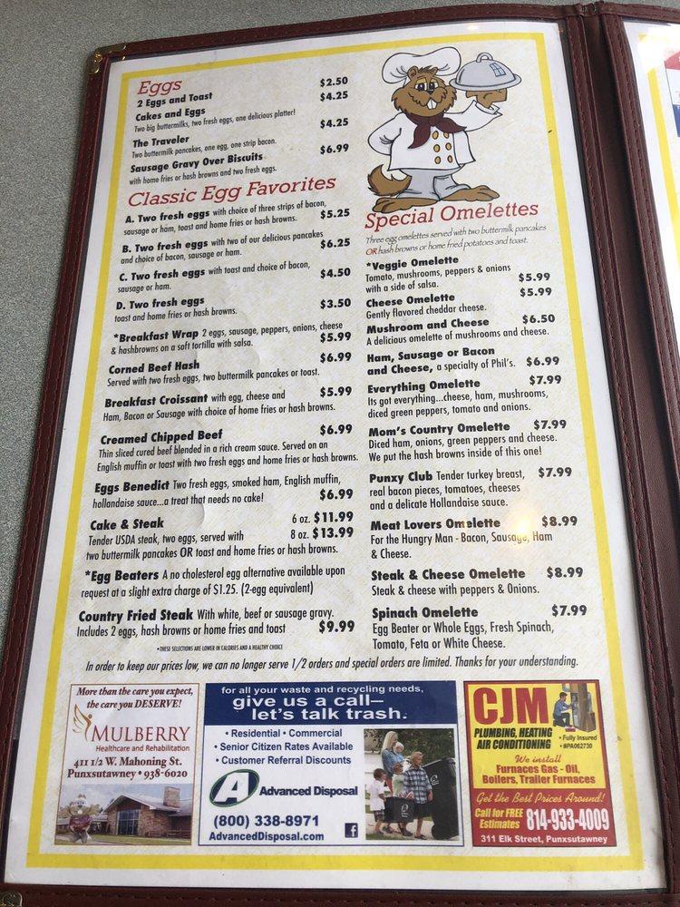Menu at Punxy Phil's Family Restaurant, Punxsutawney