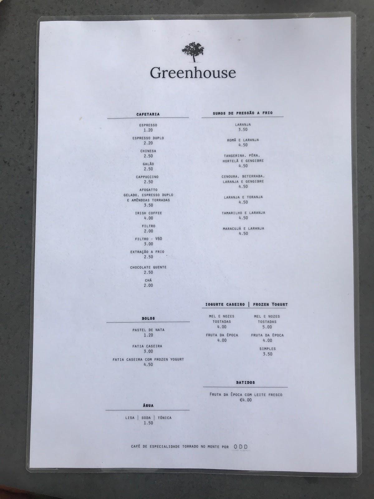 Menu at Greenhouse Coffee Roaster cafeteria, Funchal