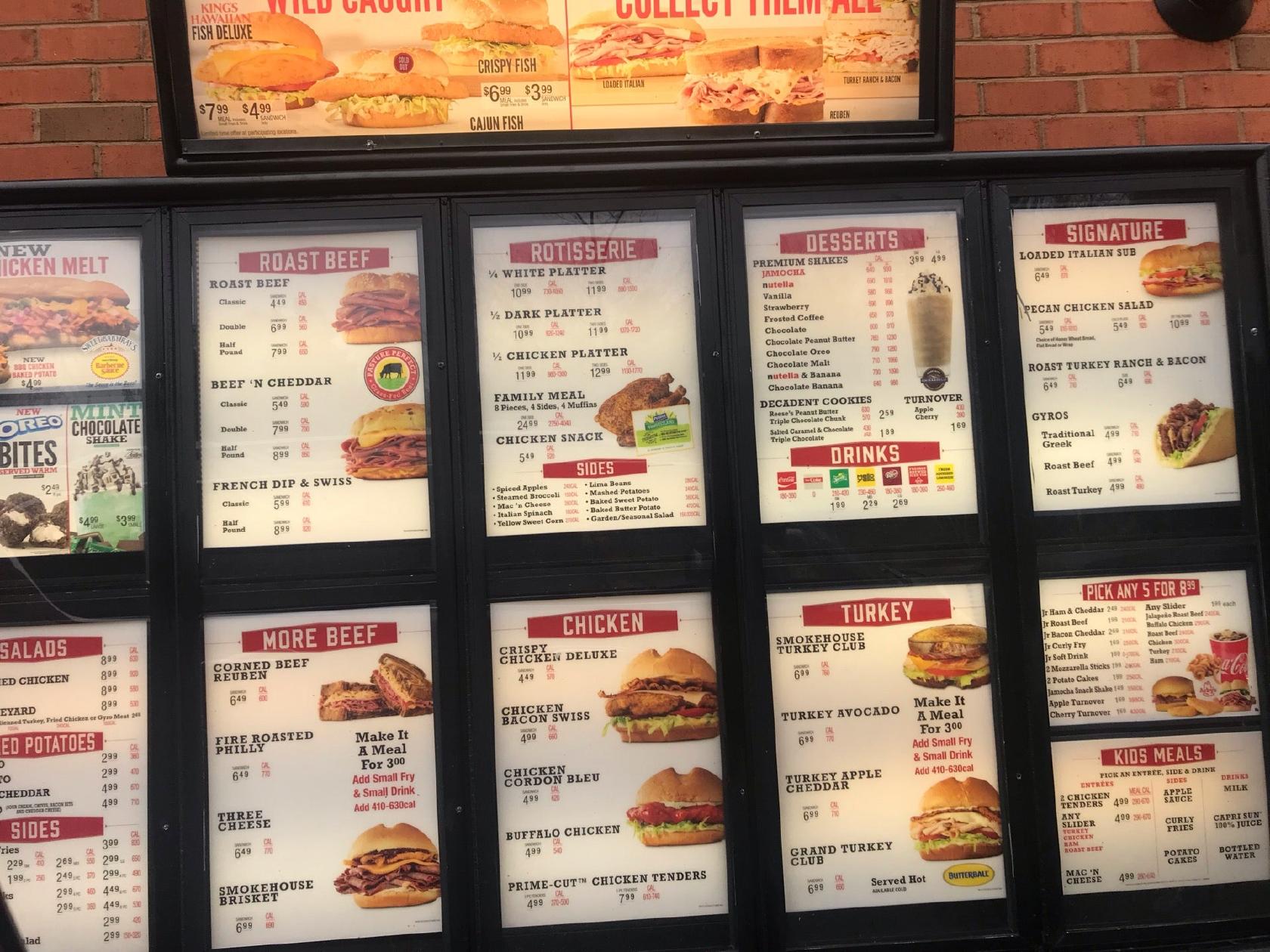 Menu at Arby's fast food, Midlothian, Midlothian Tpke