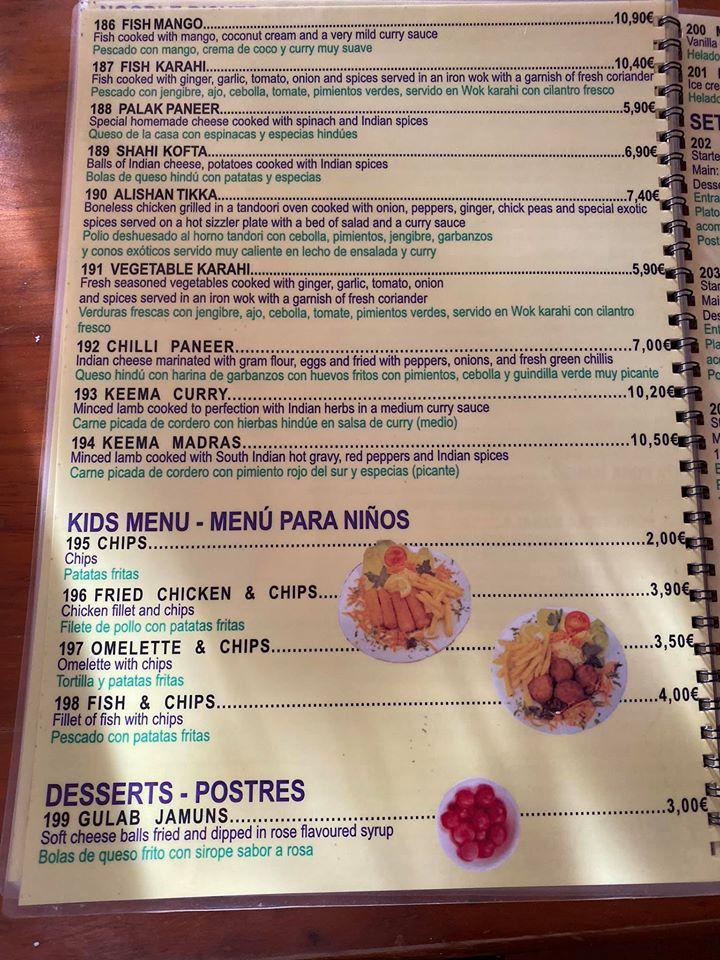 Carta de Bombay Spice Indian Restaurant & Take Away, El Chaparral