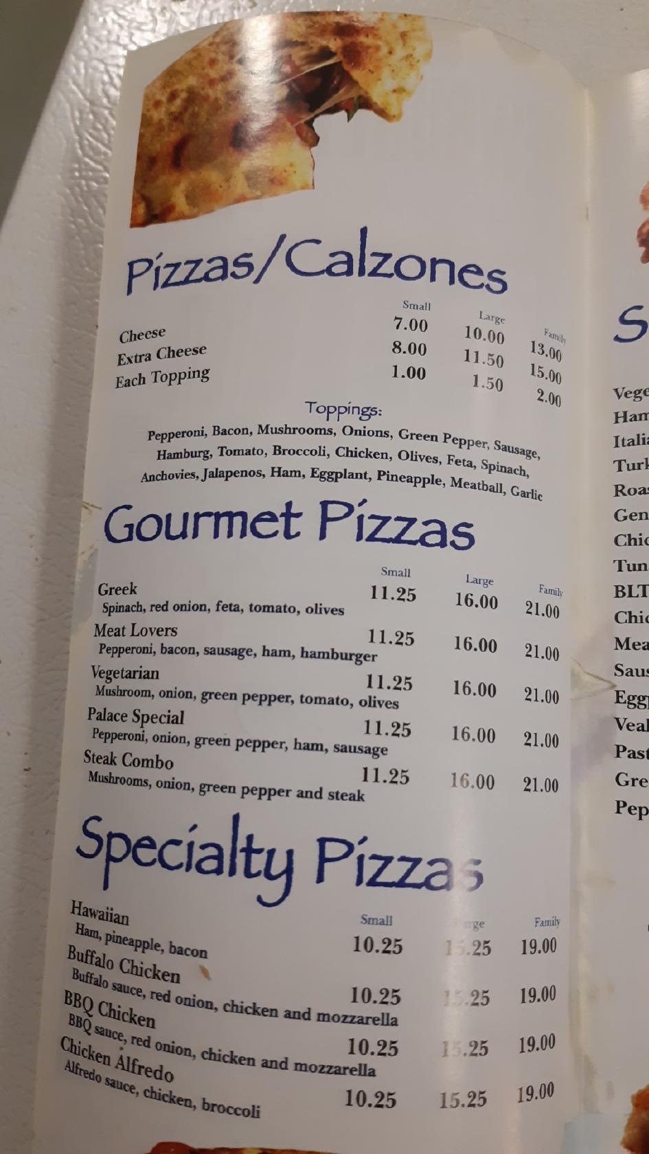 Menu at Newbury Palace Pizza restaurant, Newbury, New Hampshire Rte 103