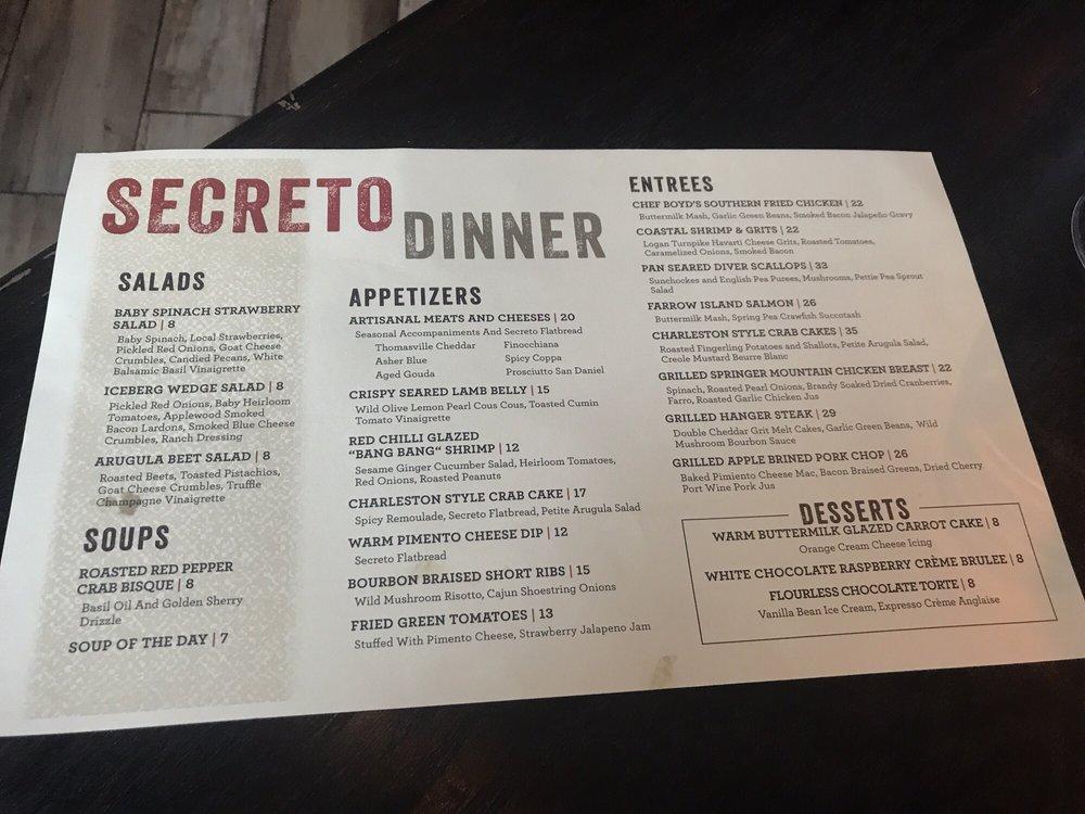 secreto southern kitchen and bar menu