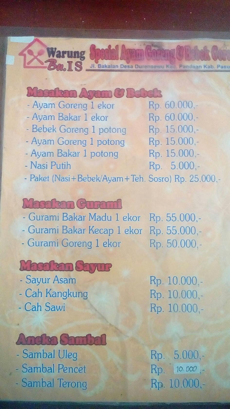 Menu At Warung Bu Is Restaurant Pandaan Jl Sedap Malam No 22