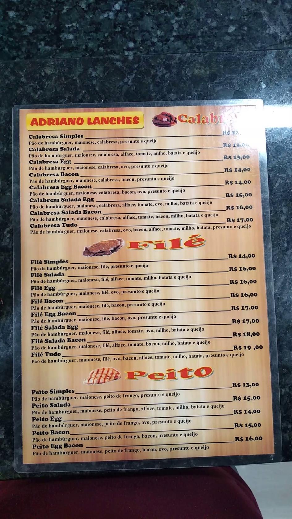 Adriano Lanches cardápio