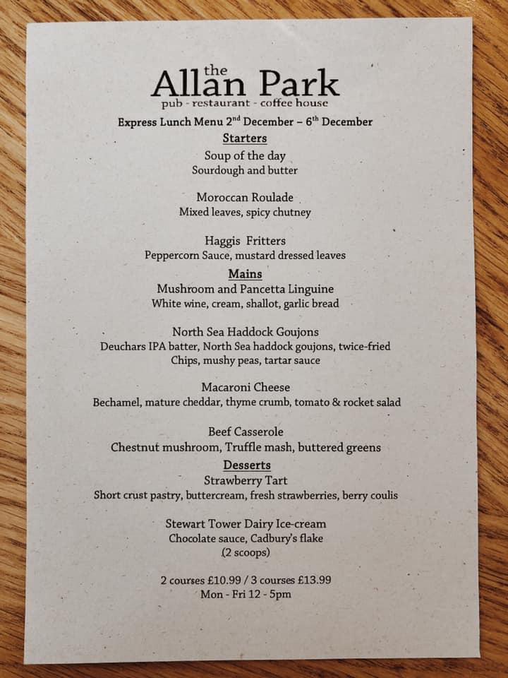Menu at Allan Park restaurant, Stirling