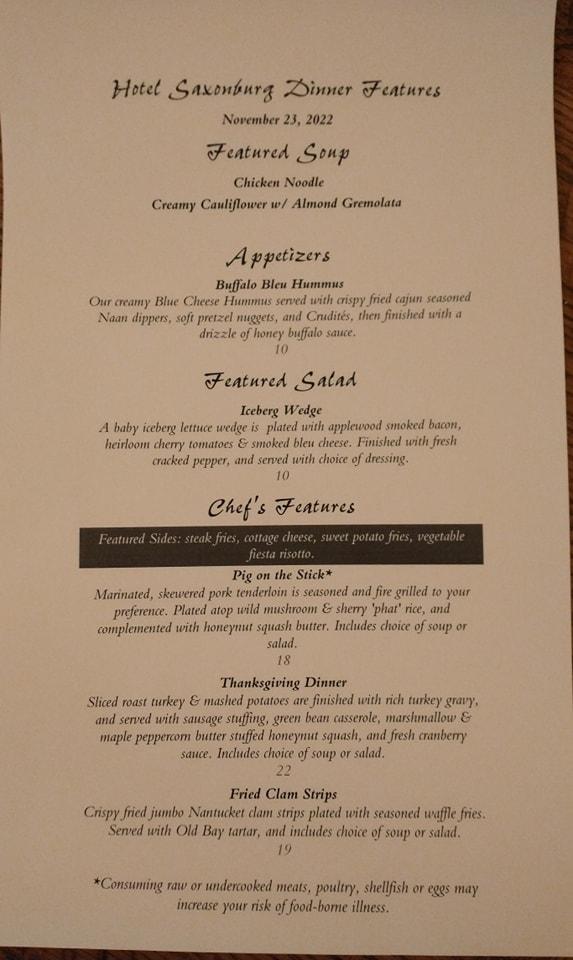 Menu at Hotel Saxonburg restaurant, Saxonburg