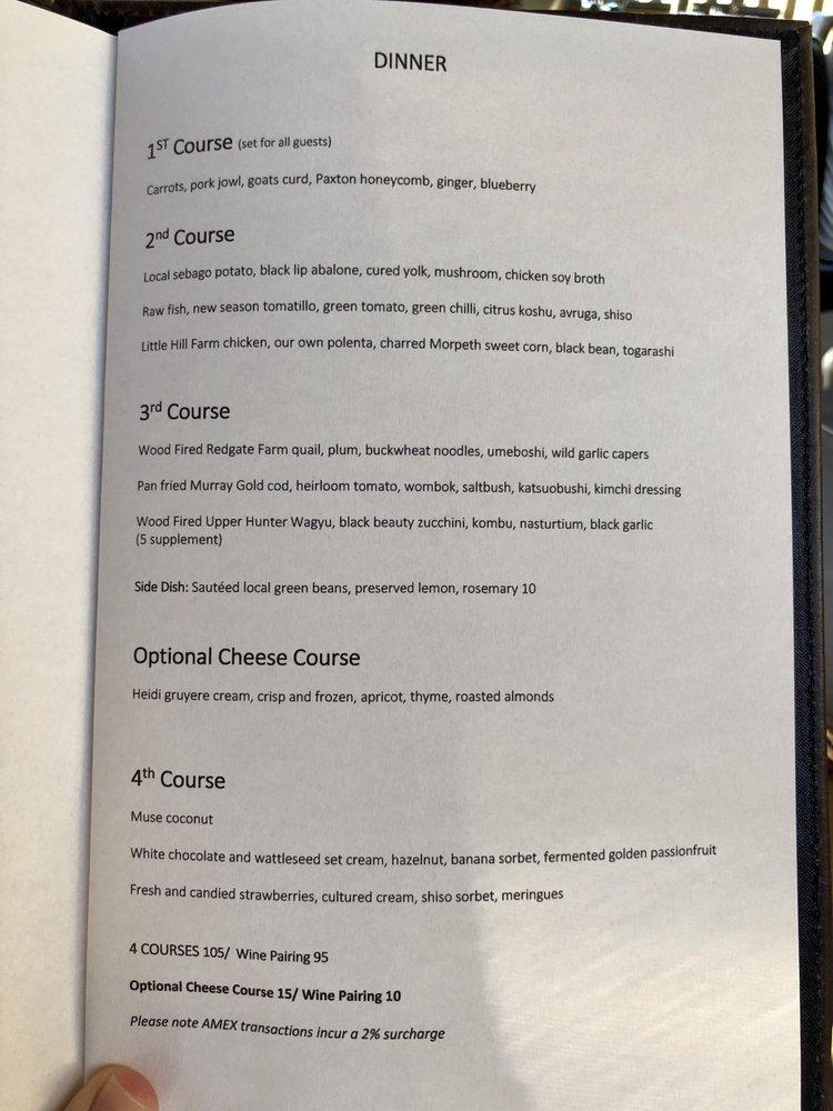Menu at Muse Restaurant, Pokolbin