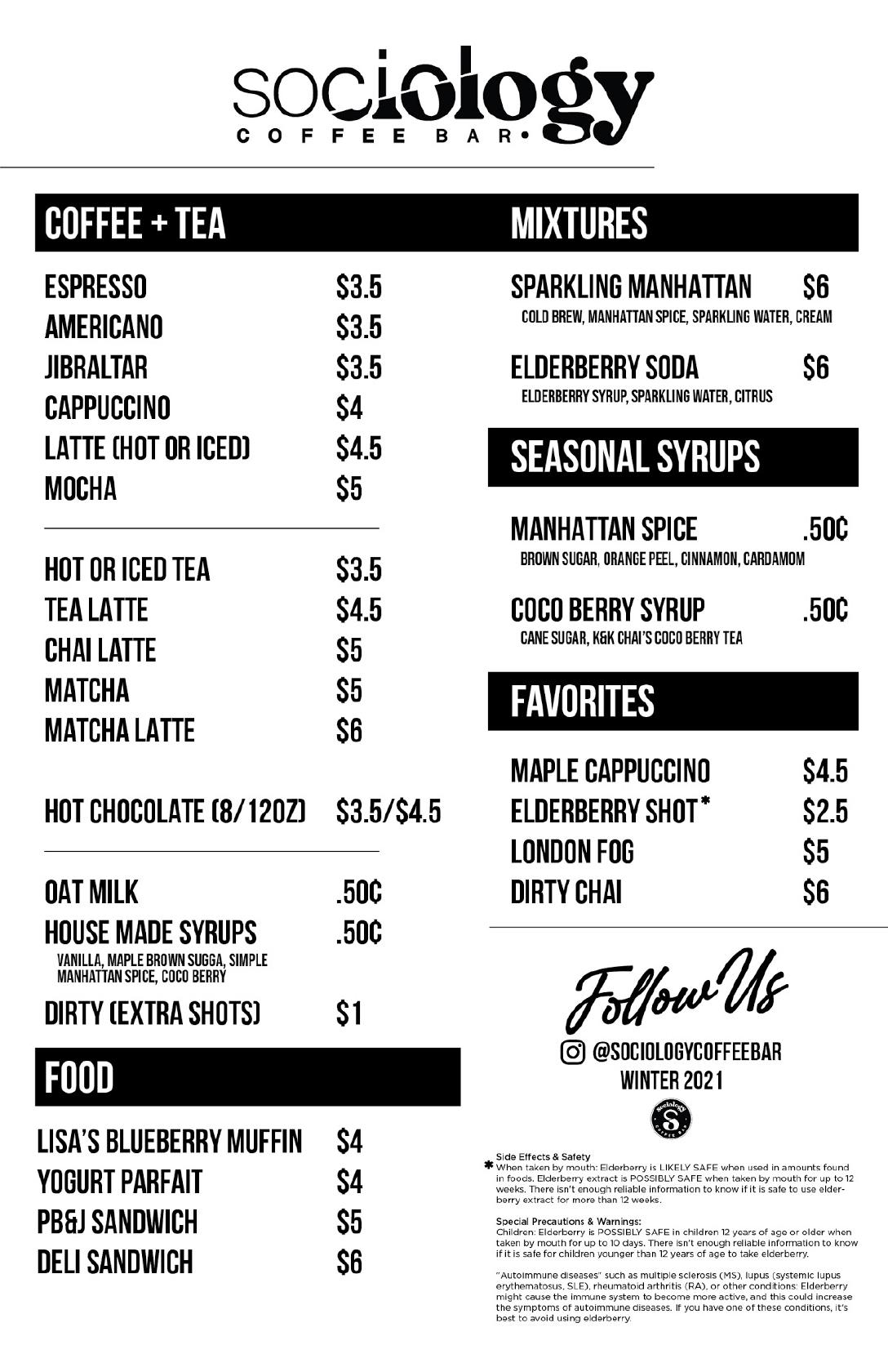 Menu at Sociology Coffee Bar, Folsom