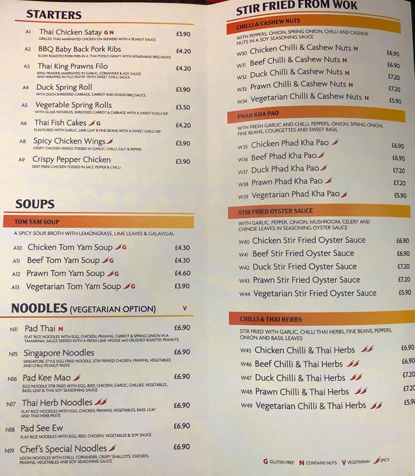 Menu at The Thaikitchen restaurant, Enniskillen, 52 Belmore St