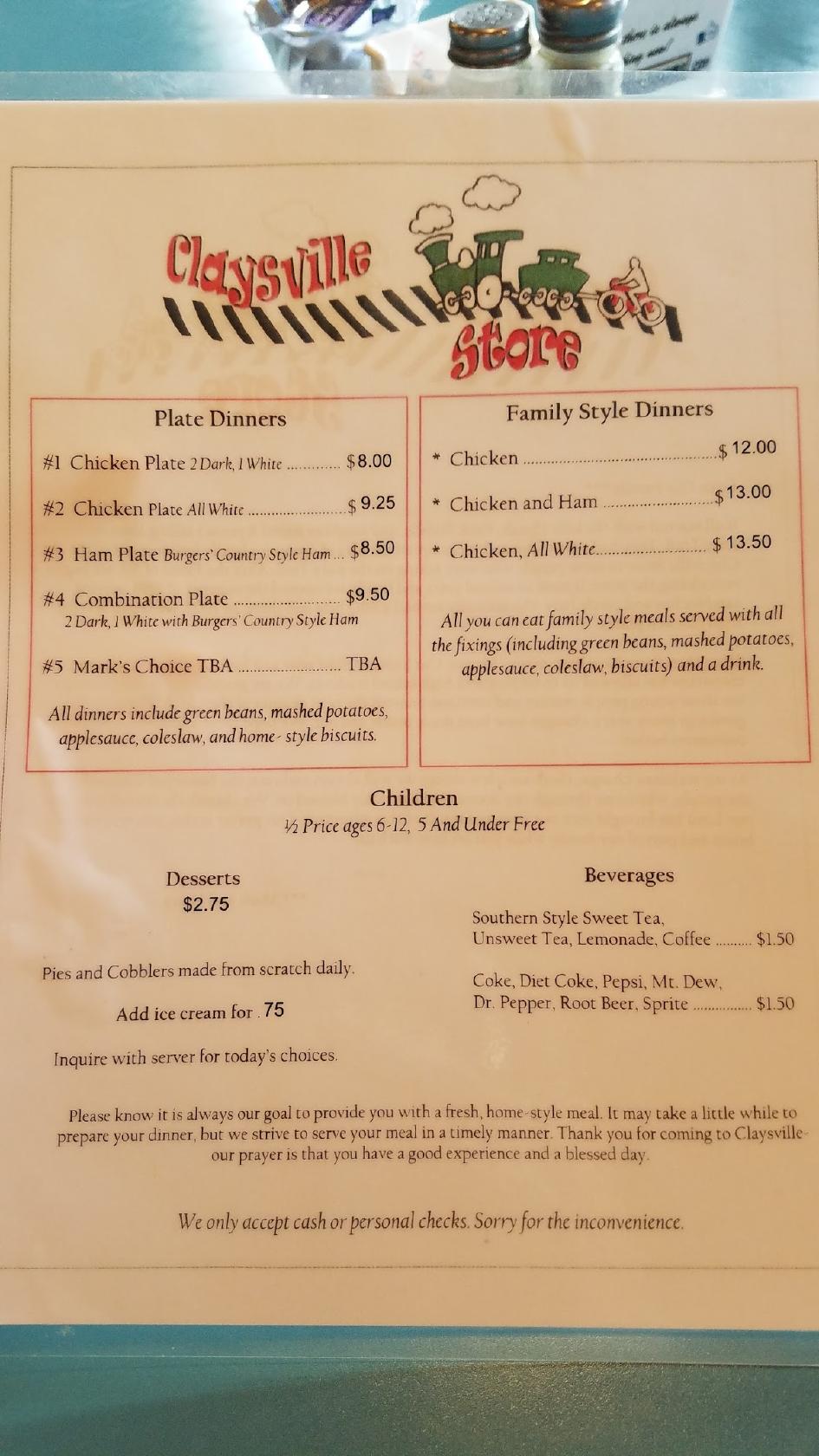 Menu at Claysville Store restaurant, USA