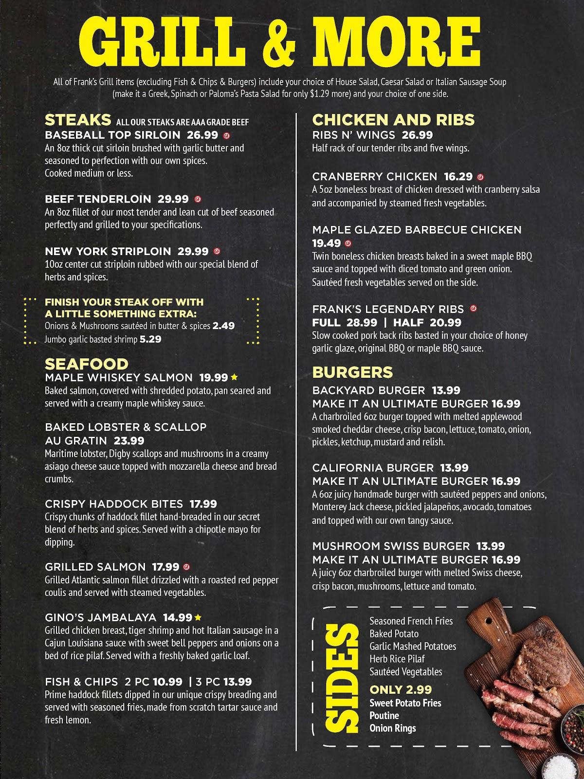 Menu at Frank & Gino's Grill & Pasta House restaurant, Truro