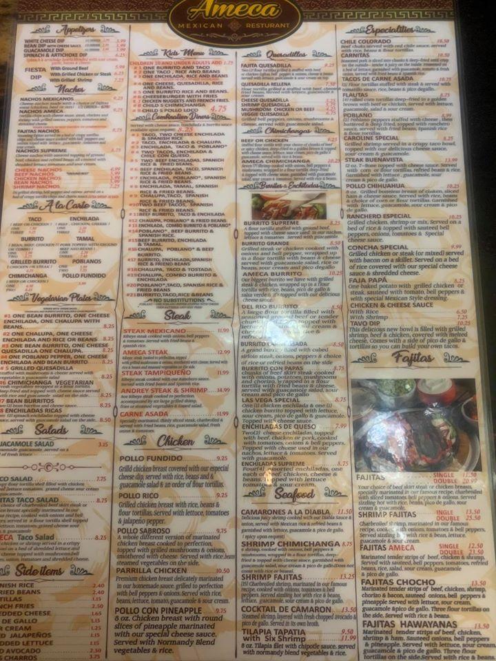 Menu at Ameca restaurant, Wynne