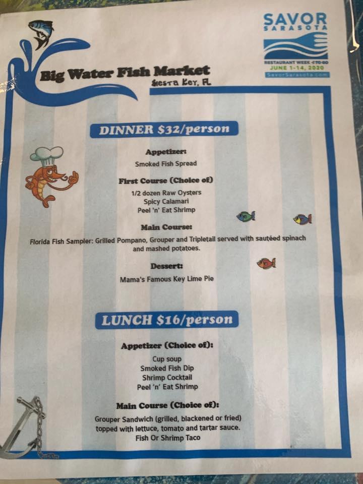 Menu at Big Water Fish Market restaurant, Siesta Key, Midnight Pass Rd