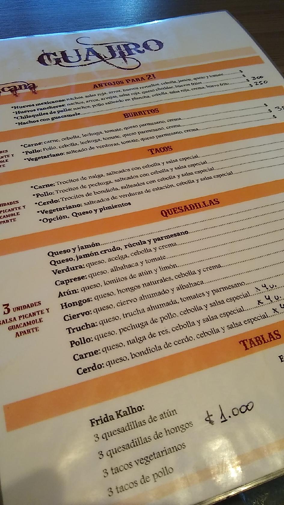 Menu at Comida Mexicana Guajiro restaurant, Junín de los Andes