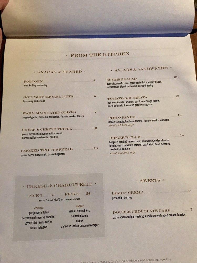 Menu at J. Rieger & Co. pub & bar, Kansas City