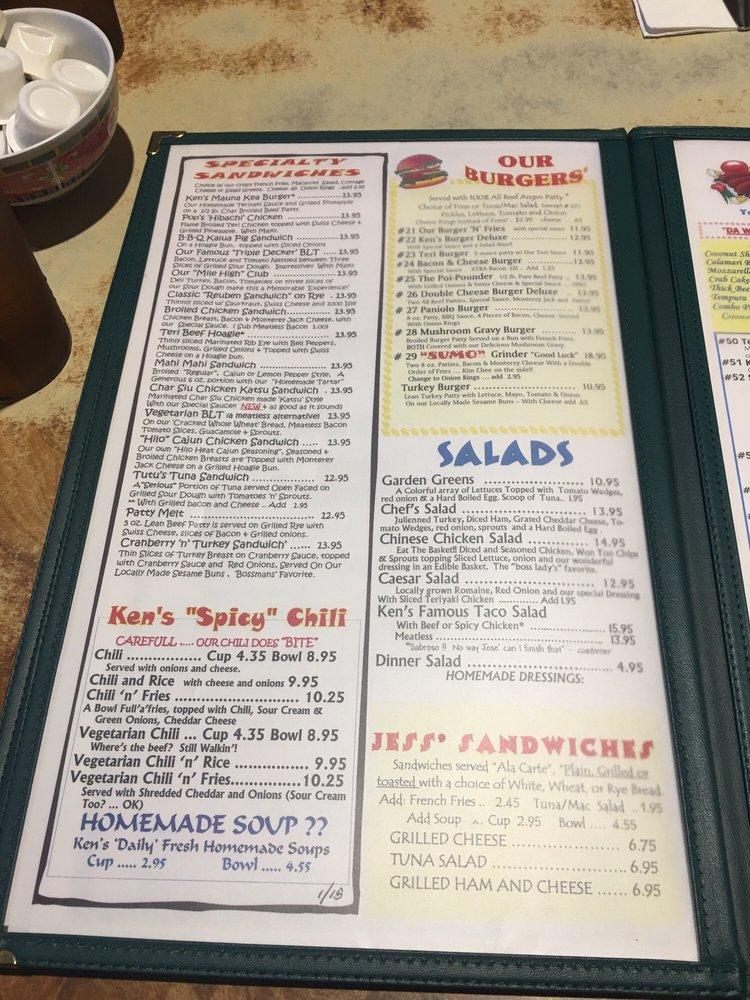 Menu at Ken's House of Pancakes restaurant, Hilo