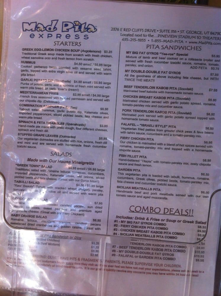 Menu at Mad Pita Express restaurant, St.
