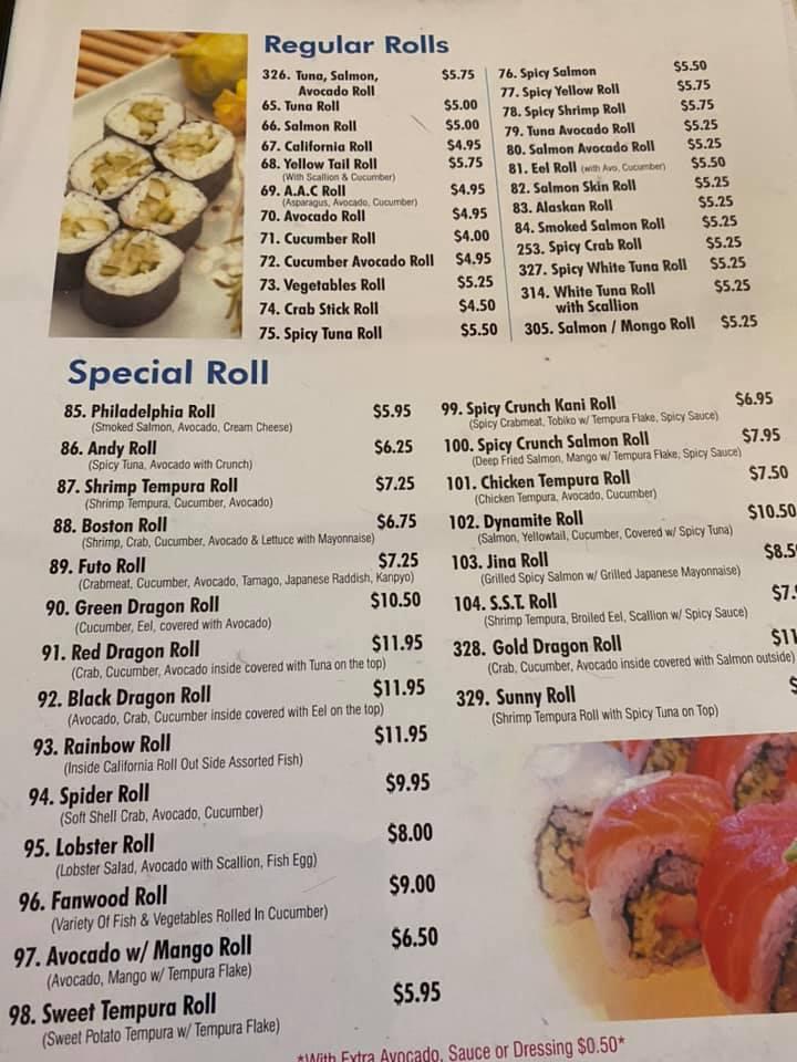 Menu at Ginger Sushi restaurant, Fanwood