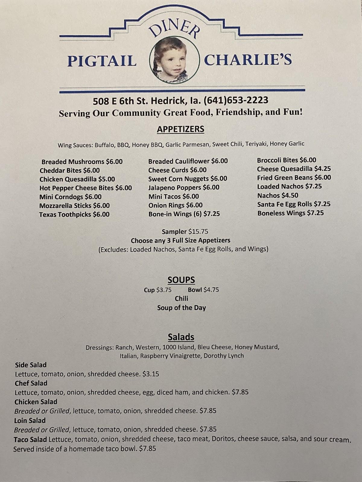 Menu at Pigtail Charlie's Diner, LLC restaurant, Hedrick