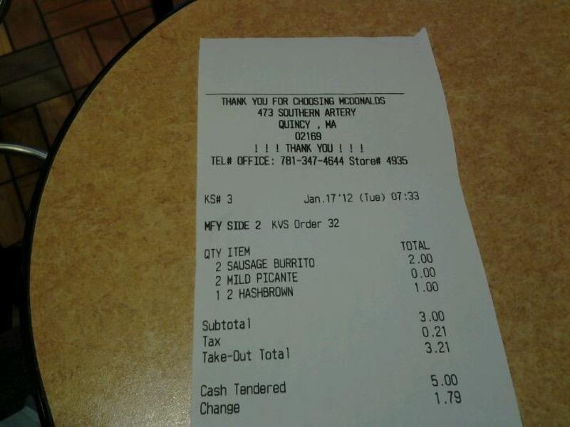 Menu at McDonald's fast food, Quincy, 473 Southern Artery