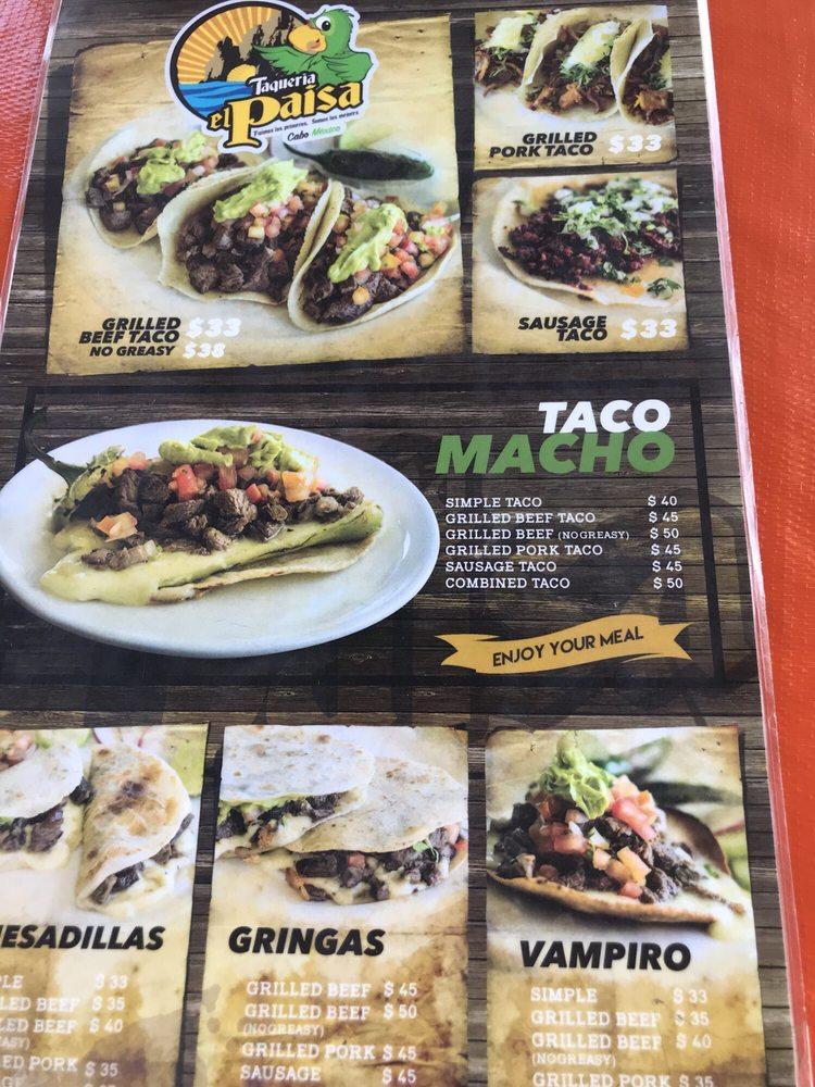 Menu at El Paisa restaurant, Cabo San Lucas, Blvd. Lázaro Cárdenas