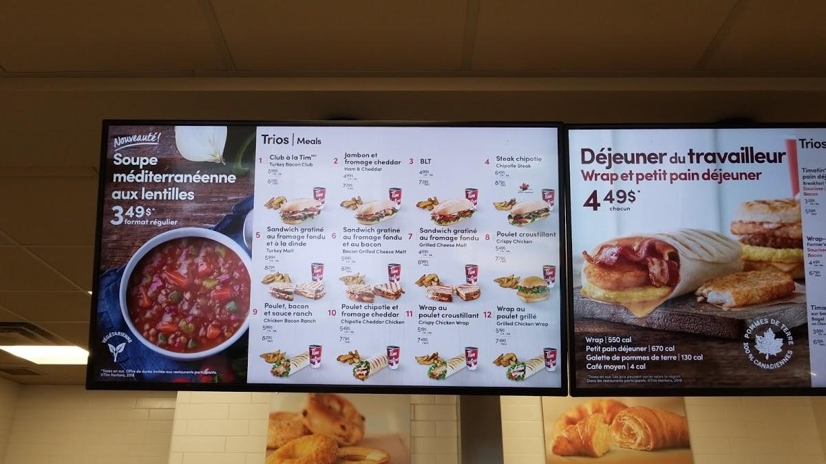 Menu at Tim Hortons restaurant, Acton Vale