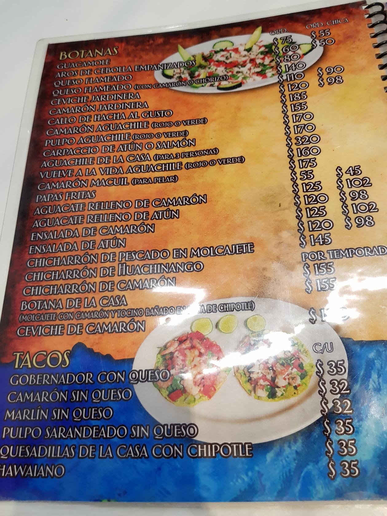 Menu at Mariscos Oscar's Drinks restaurant, Santiago, Carr Nacional 257