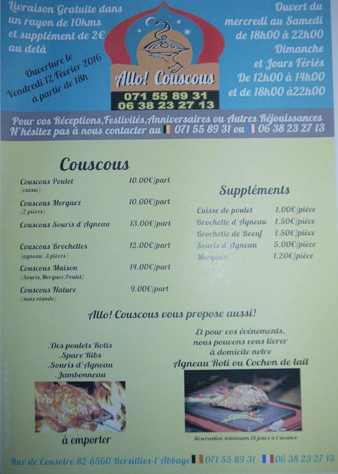 Menu au Allo Couscous Bersillies, Erquelinnes