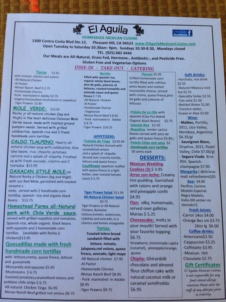 Carta del restaurante El Aguila Méxican Cuisine, Pleasant Hill, Contra